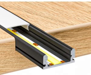 Profil aluminiowy LED czarny wpuszczany montaż w drewnianych schodach